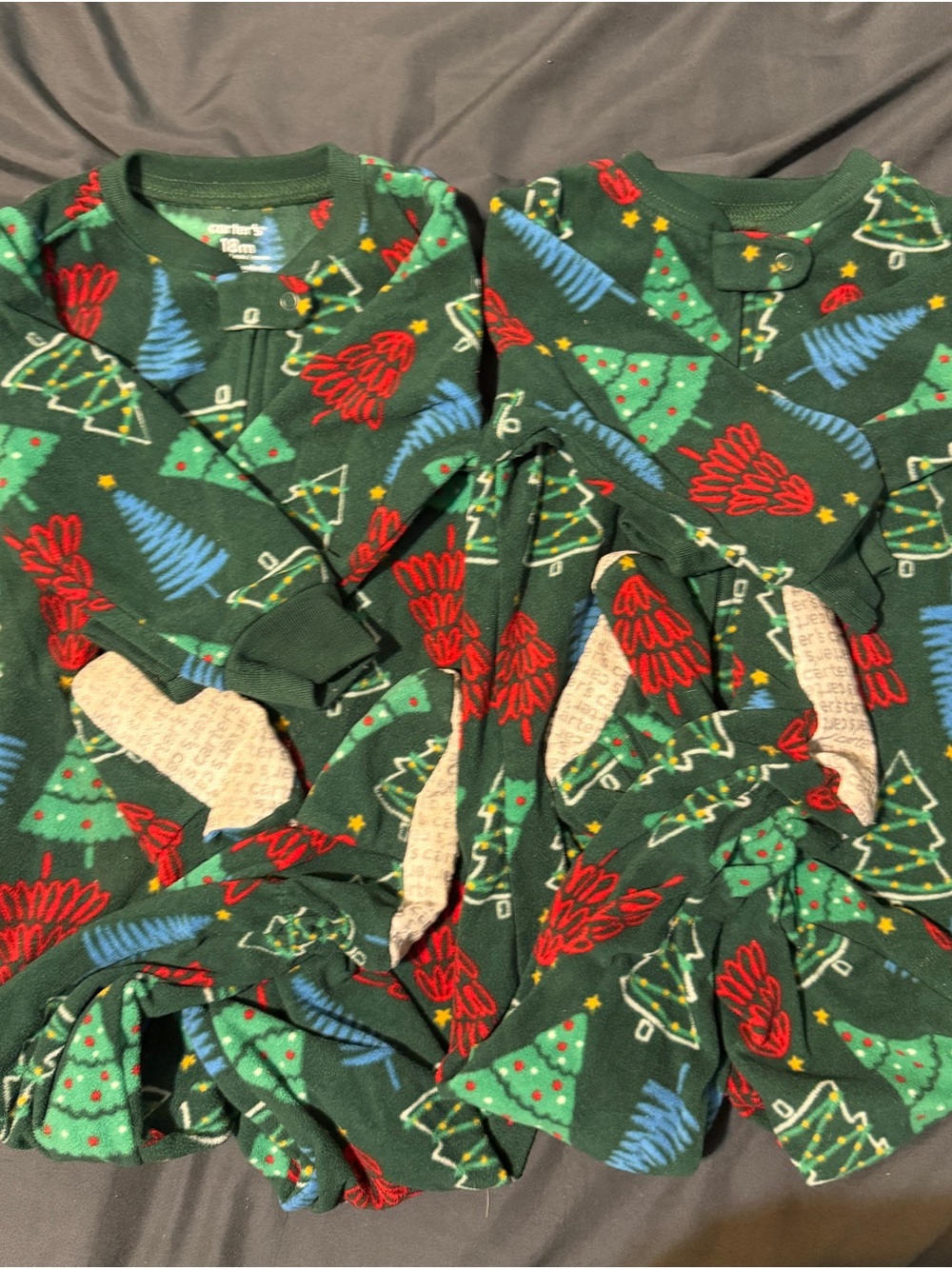 Carter's Dark Green Holiday Tree Print Kids Pajama Set with Red and Blue Accents